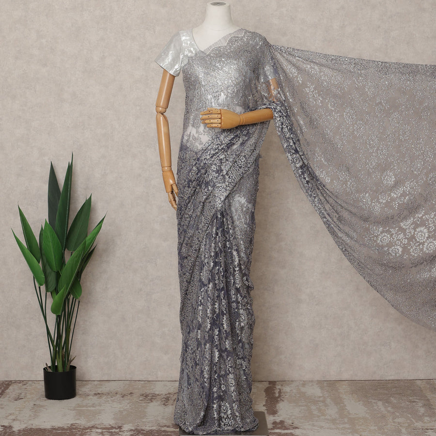 Purple Silver Premium French Metallic Chantilly Lace Saree Fabric with Stone Work – 5.5 Meters Length, 110 Cms Width, Imported from France-D25721