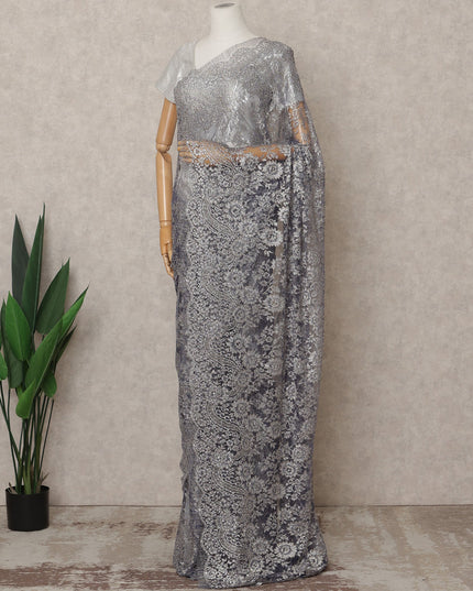 Purple Silver Premium French Metallic Chantilly Lace Saree Fabric with Stone Work – 5.5 Meters Length, 110 Cms Width, Imported from France-D25721