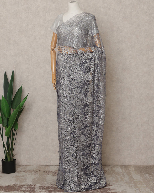 Purple Silver Premium French Metallic Chantilly Lace Saree Fabric with Stone Work – 5.5 Meters Length, 110 Cms Width, Imported from France-D25721