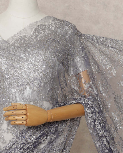 Purple Silver Premium French Metallic Chantilly Lace Saree Fabric with Stone Work – 5.5 Meters Length, 110 Cms Width, Imported from France-D25721