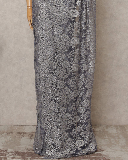 Purple Silver Premium French Metallic Chantilly Lace Saree Fabric with Stone Work – 5.5 Meters Length, 110 Cms Width, Imported from France-D25721