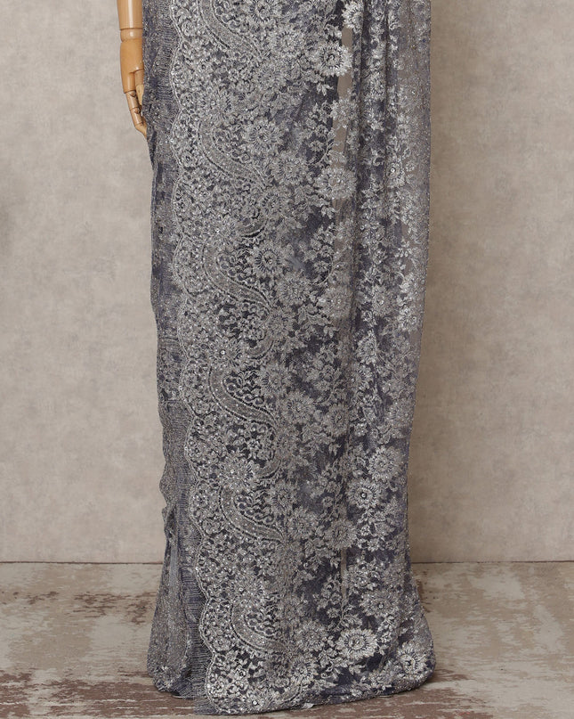 Purple Silver Premium French Metallic Chantilly Lace Saree Fabric with Stone Work – 5.5 Meters Length, 110 Cms Width, Imported from France-D25721