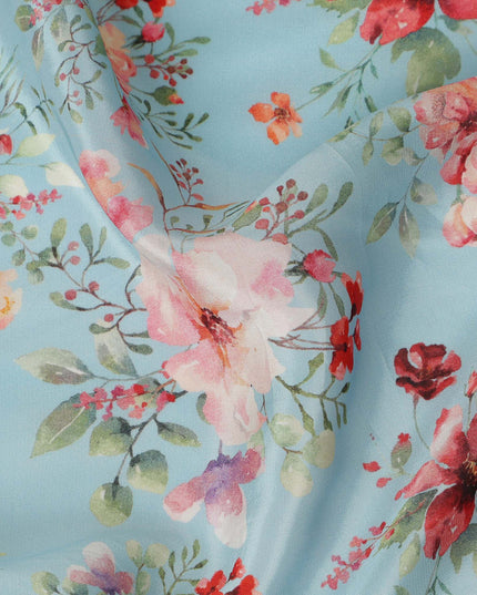 Sky Blue Soft Floral Printed Viscose Crepe Fabric 110 Cms Width Made in India-D27580