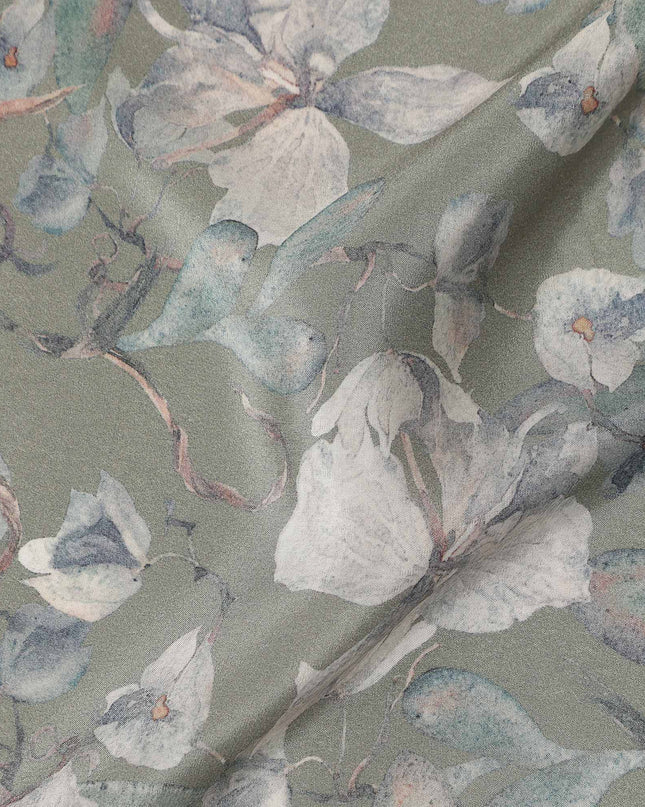 Sage Green Floral Printed Viscose Crepe Fabric 110 Cms Width Made in India-D27576