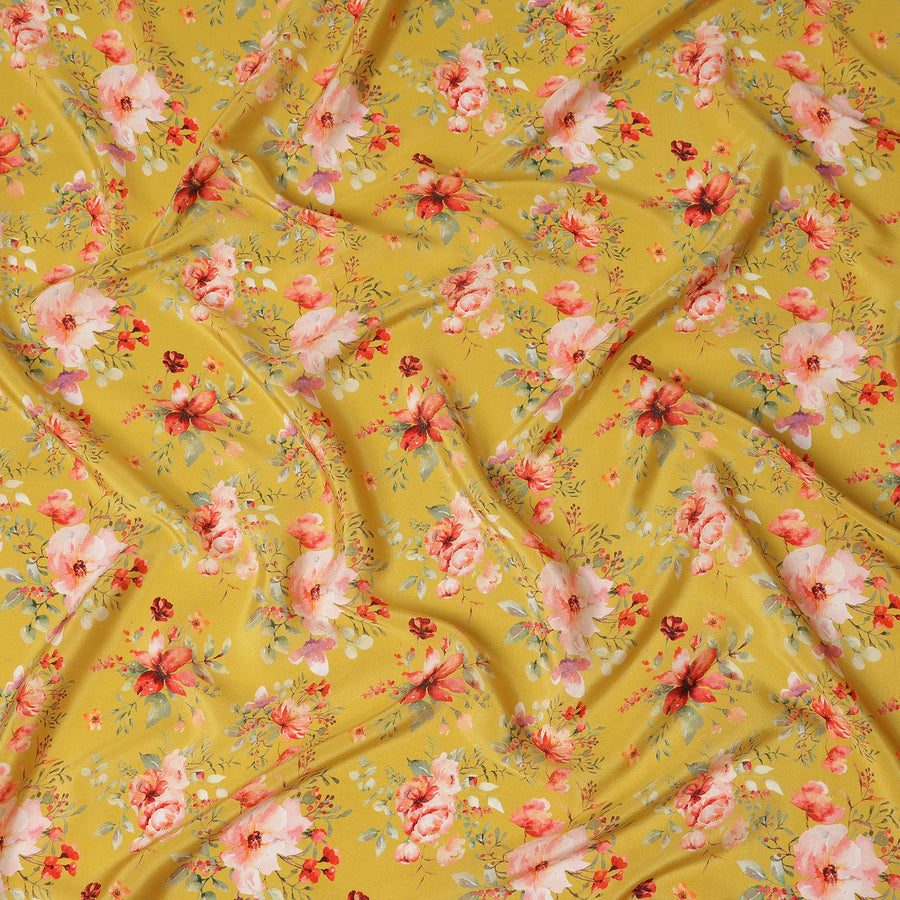 Mustard Yellow Floral Printed Viscose Crepe Fabric 110 Cms Width Made in India-D27582