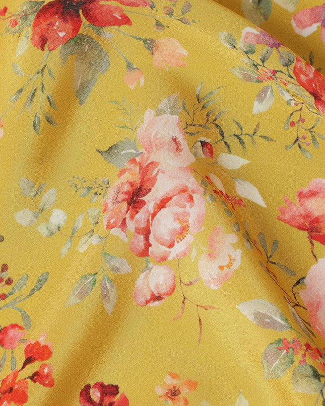 Mustard Yellow Floral Printed Viscose Crepe Fabric 110 Cms Width Made in India-D27582
