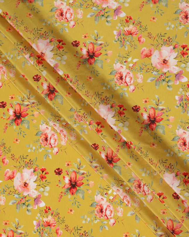 Mustard Yellow Floral Printed Viscose Crepe Fabric 110 Cms Width Made in India-D27582
