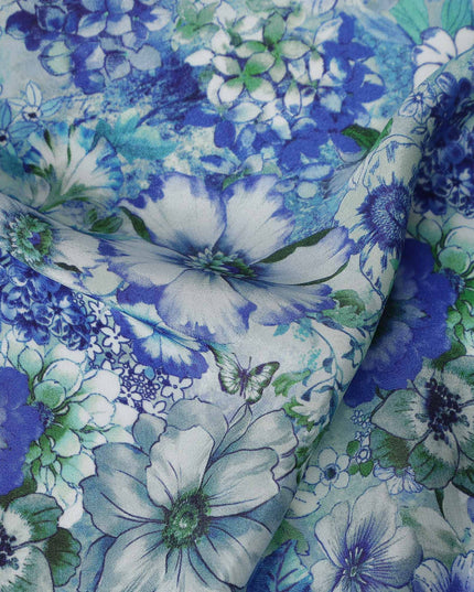 Blue Floral Printed Viscose Crepe 110cm