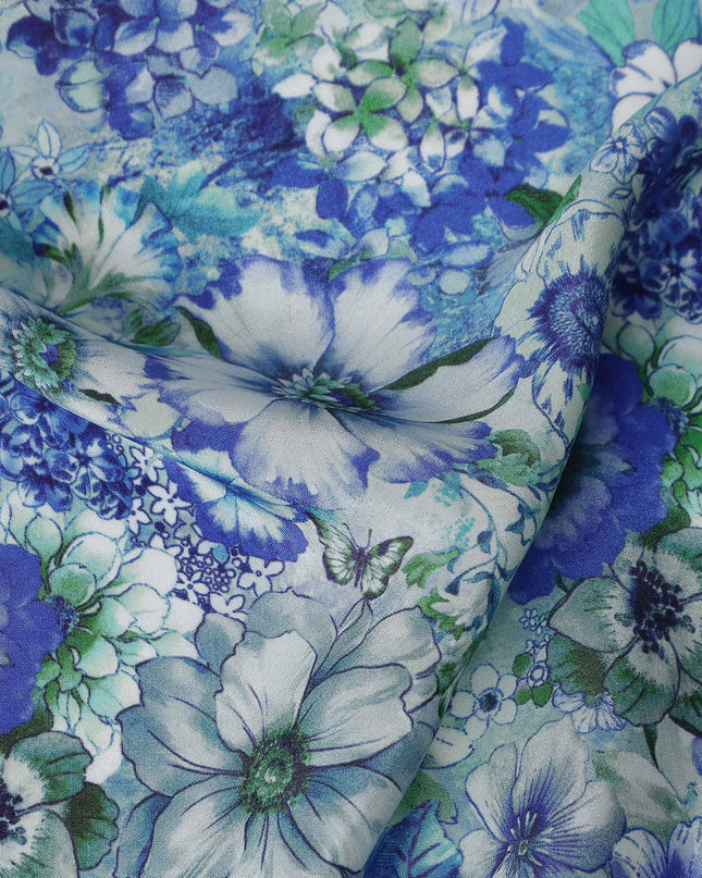 Blue Floral Printed Viscose Crepe 110cm