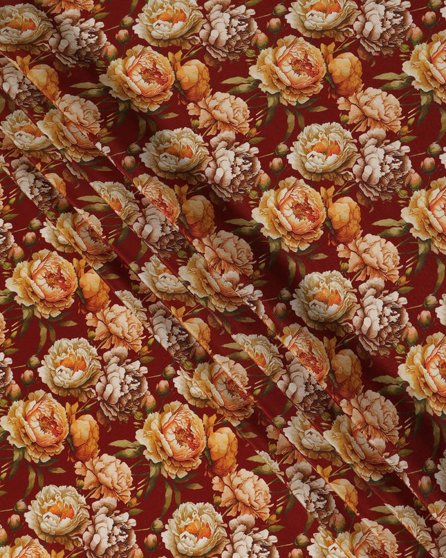 Maroon Floral Printed Viscose Crepe Fabric 110 Cms Width Made in India-D27577
