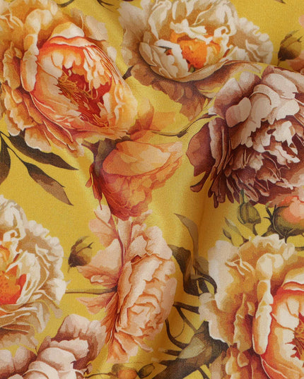 Mustard Yellow Bold Floral Printed Viscose Crepe Fabric 110 Cms Width Made in India-D27581