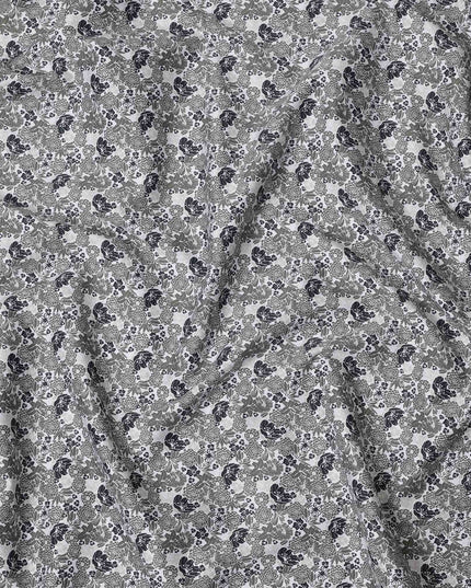 White with Green and Black Floral Print Blended Cotton Shirting Fabric, 150 Cms, India-D25146