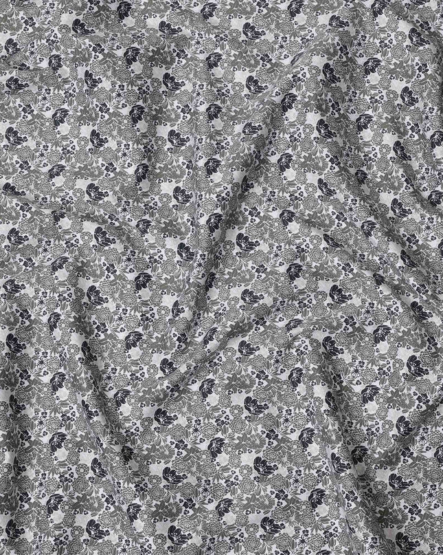 White with Green and Black Floral Print Blended Cotton Shirting Fabric, 150 Cms, India-D25146