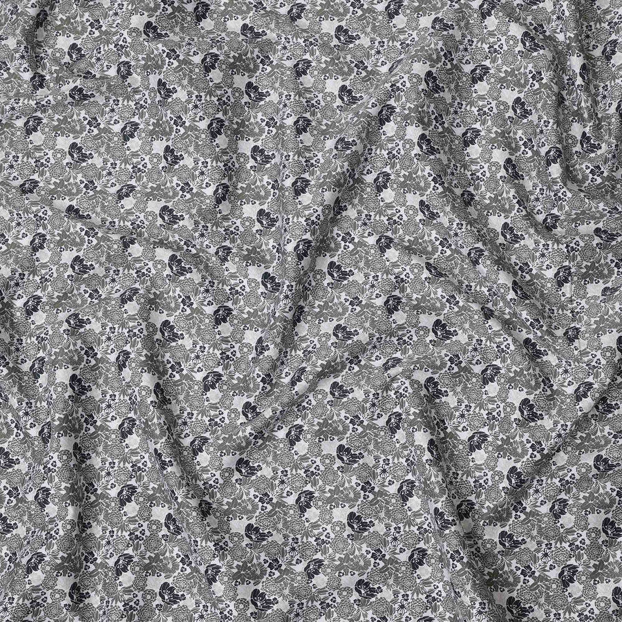 White with Green and Black Floral Print Blended Cotton Shirting Fabric, 150 Cms, India-D25146