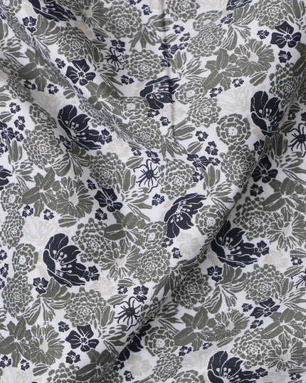 White with Green and Black Floral Print Blended Cotton Shirting Fabric, 150 Cms, India-D25146