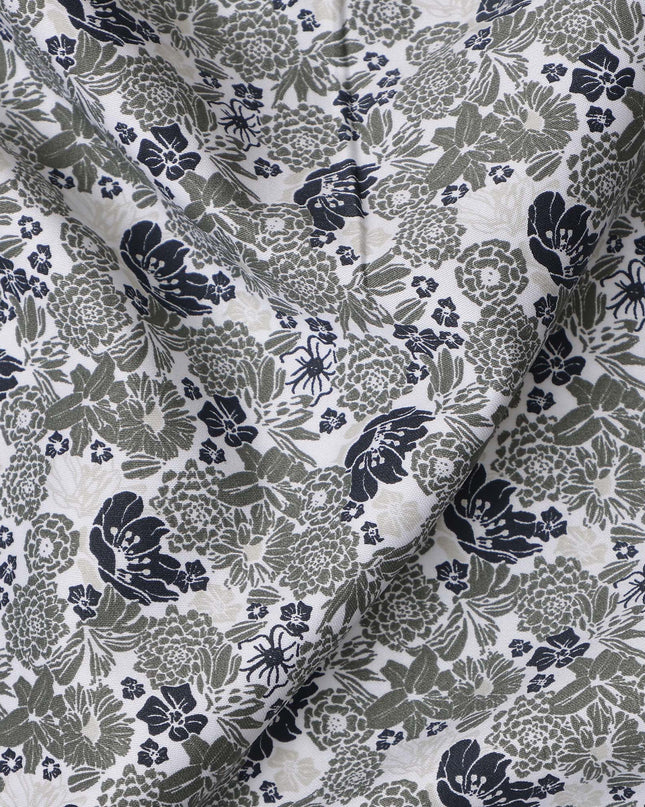 White with Green and Black Floral Print Blended Cotton Shirting Fabric, 150 Cms, India-D25146