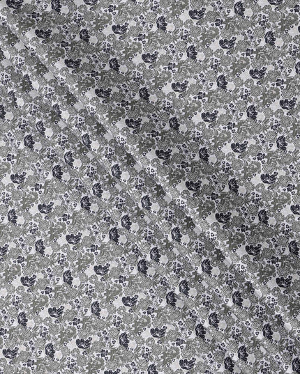 White with Green and Black Floral Print Blended Cotton Shirting Fabric, 150 Cms, India-D25146