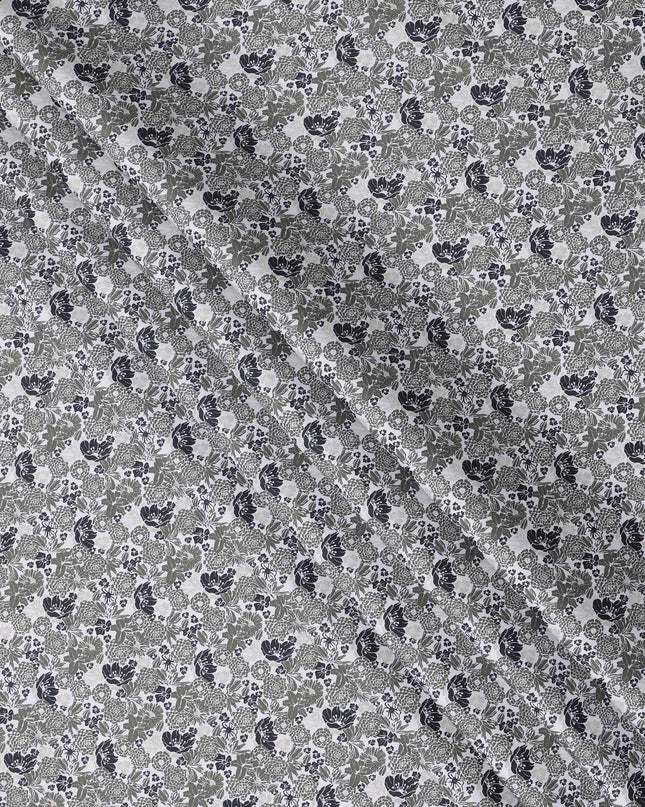 White with Green and Black Floral Print Blended Cotton Shirting Fabric, 150 Cms, India-D25146