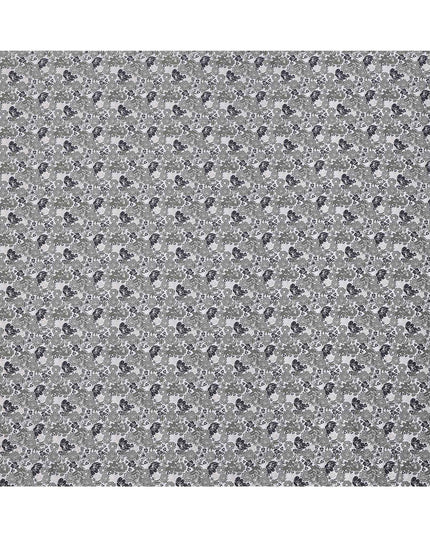 White with Green and Black Floral Print Blended Cotton Shirting Fabric, 150 Cms, India-D25146