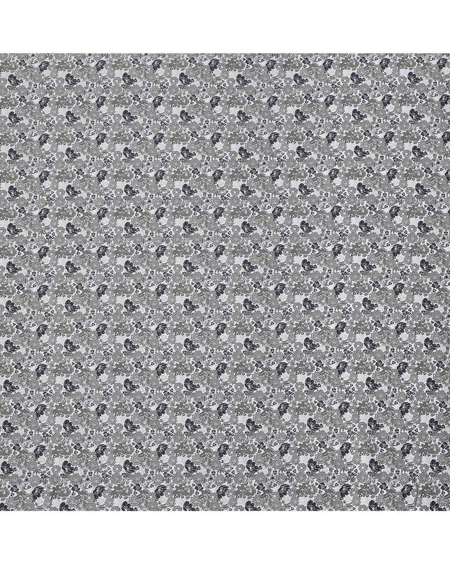 White with Green and Black Floral Print Blended Cotton Shirting Fabric, 150 Cms, India-D25146