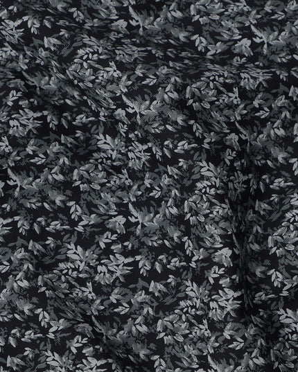 Black and Grey Leaf Print Blended Cotton Shirting Fabric, 150 Cms, India-D25145
