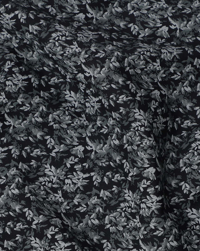 Black and Grey Leaf Print Blended Cotton Shirting Fabric, 150 Cms, India-D25145