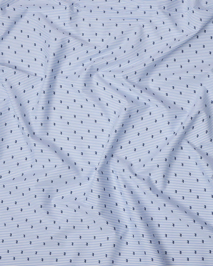 Blue and White Striped with Animal Motif Print Blended Cotton Shirting Fabric, 150 Cms, India-D25147