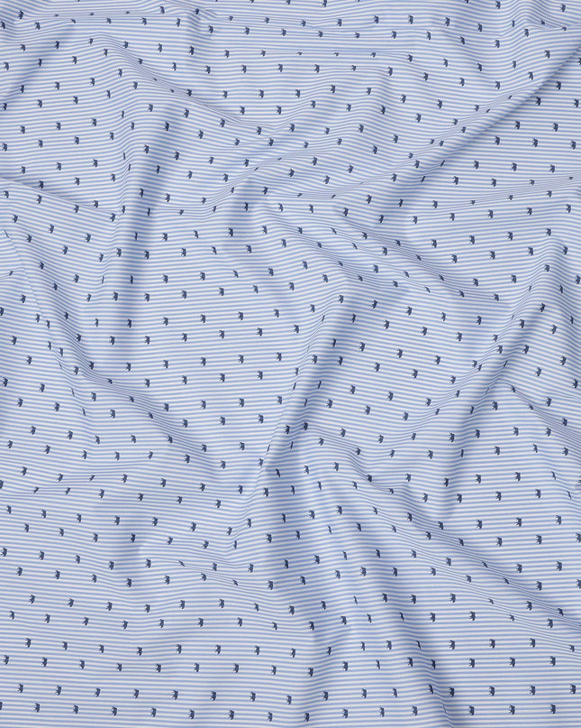 Blue and White Striped with Animal Motif Print Blended Cotton Shirting Fabric, 150 Cms, India-D25147