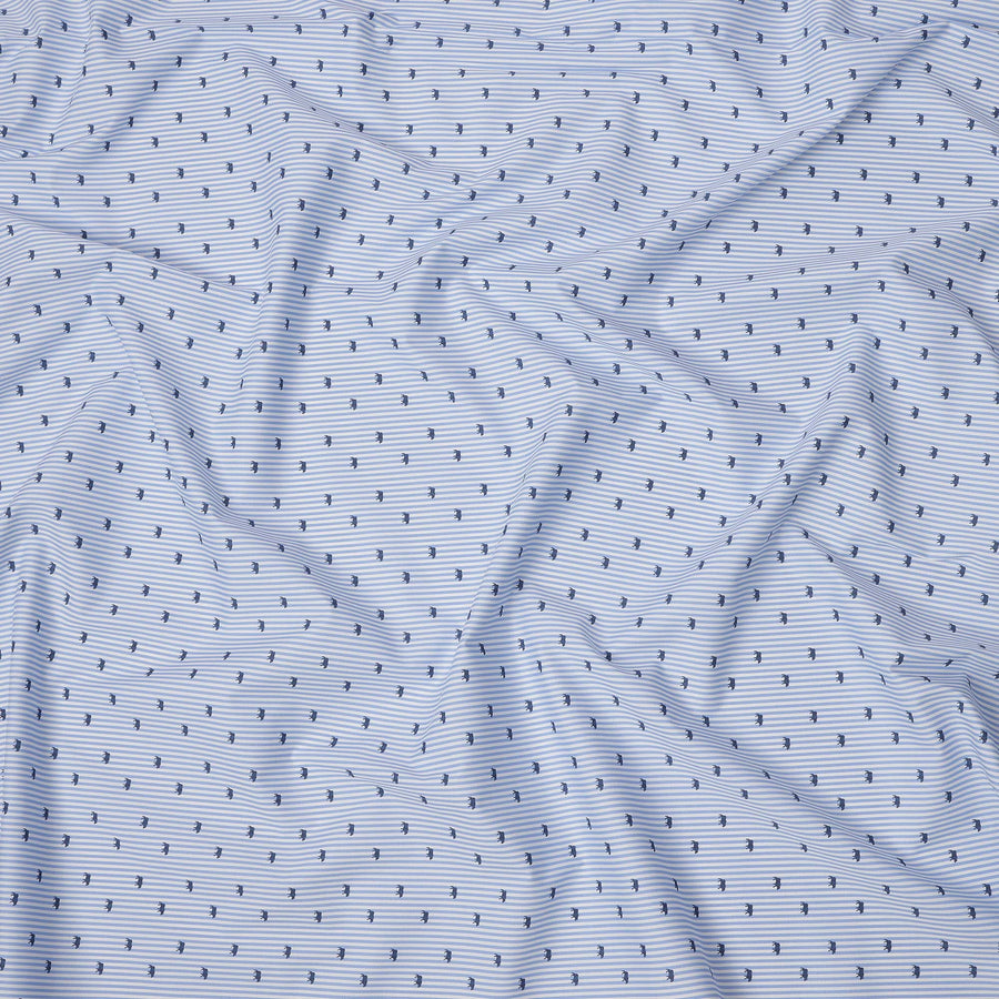 Blue and White Striped with Animal Motif Print Blended Cotton Shirting Fabric, 150 Cms, India-D25147