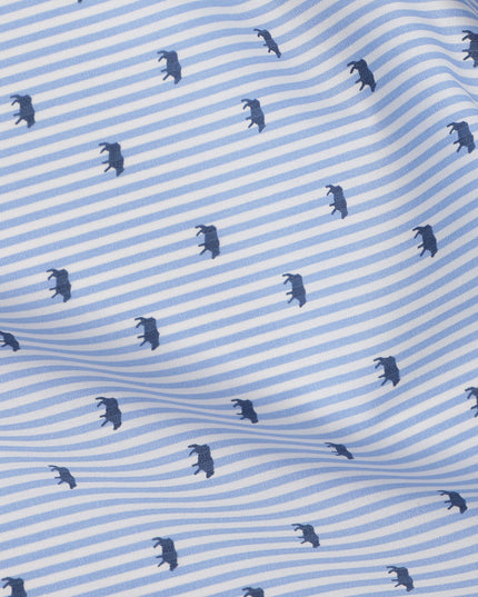 Blue and White Striped with Animal Motif Print Blended Cotton Shirting Fabric, 150 Cms, India-D25147