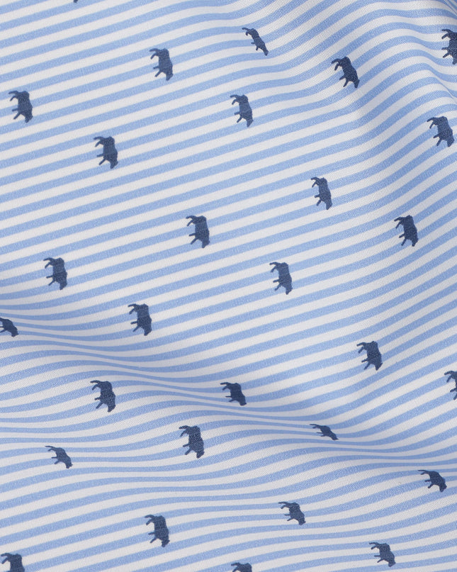 Blue and White Striped with Animal Motif Print Blended Cotton Shirting Fabric, 150 Cms, India-D25147