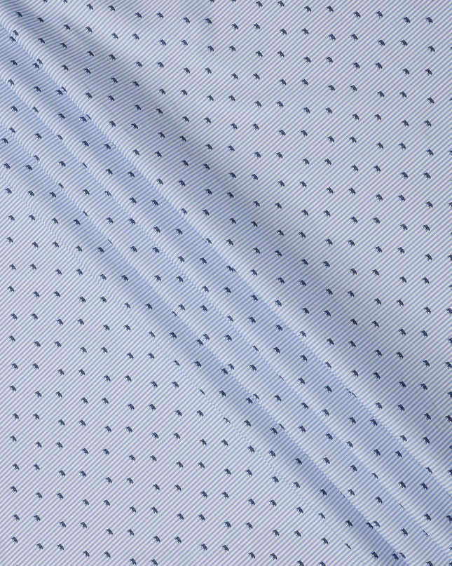 Blue and White Striped with Animal Motif Print Blended Cotton Shirting Fabric, 150 Cms, India-D25147