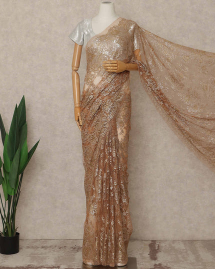 Champagne Copper Premium French Metallic Chantilly Saree Lace 5.5 Mtrs Length 110 Cms Width Designer Net Fabric Made In France, Blouse Not Included-D28127
