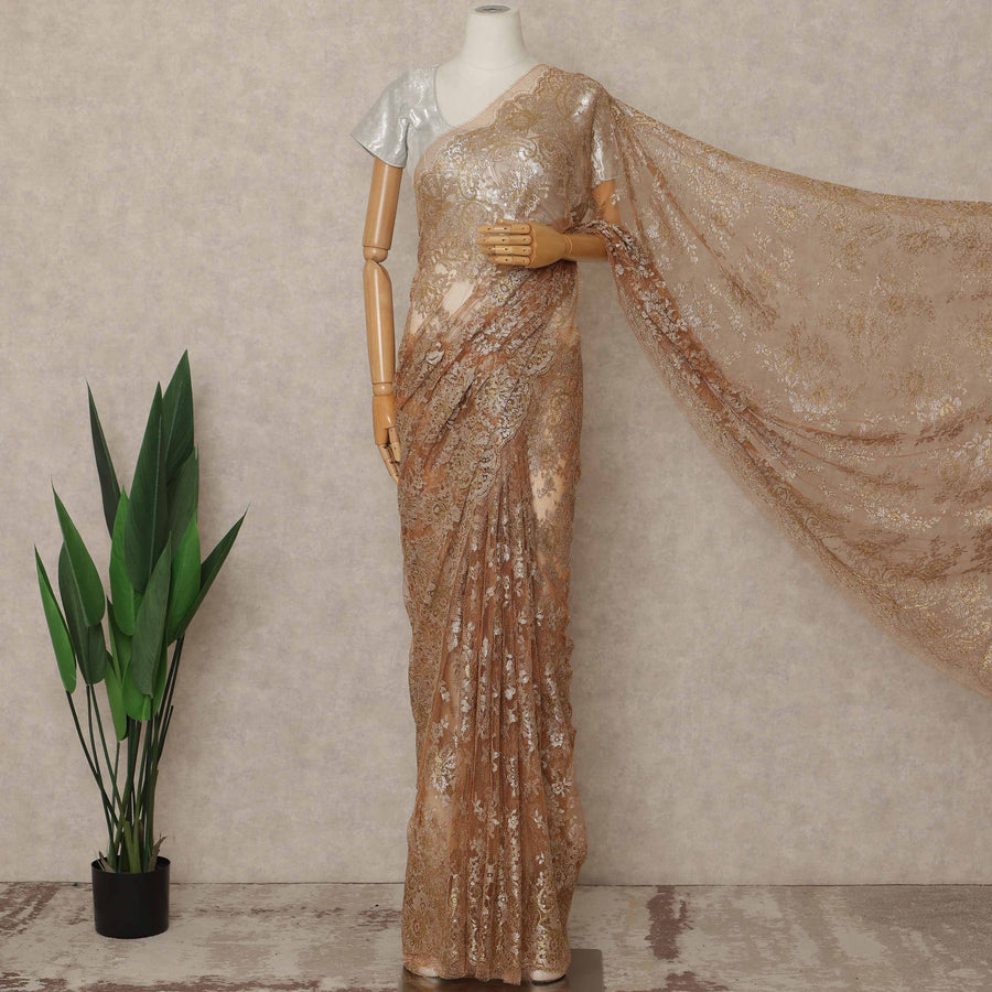 Champagne Copper Premium French Metallic Chantilly Saree Lace 5.5 Mtrs Length 110 Cms Width Designer Net Fabric Made In France, Blouse Not Included-D28127