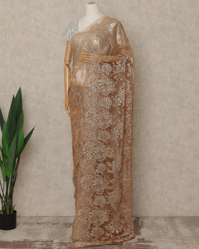 Champagne Copper Premium French Metallic Chantilly Saree Lace 5.5 Mtrs Length 110 Cms Width Designer Net Fabric Made In France, Blouse Not Included-D28127