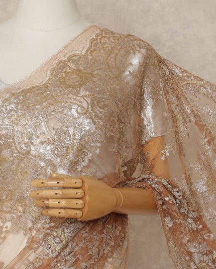 Champagne Copper Premium French Metallic Chantilly Saree Lace 5.5 Mtrs Length 110 Cms Width Designer Net Fabric Made In France, Blouse Not Included-D28127