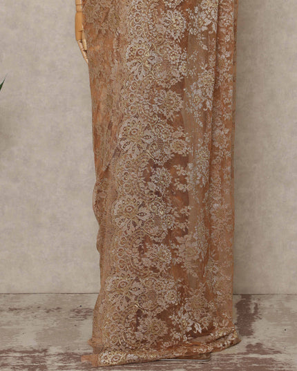 Champagne Copper Premium French Metallic Chantilly Saree Lace 5.5 Mtrs Length 110 Cms Width Designer Net Fabric Made In France, Blouse Not Included-D28127