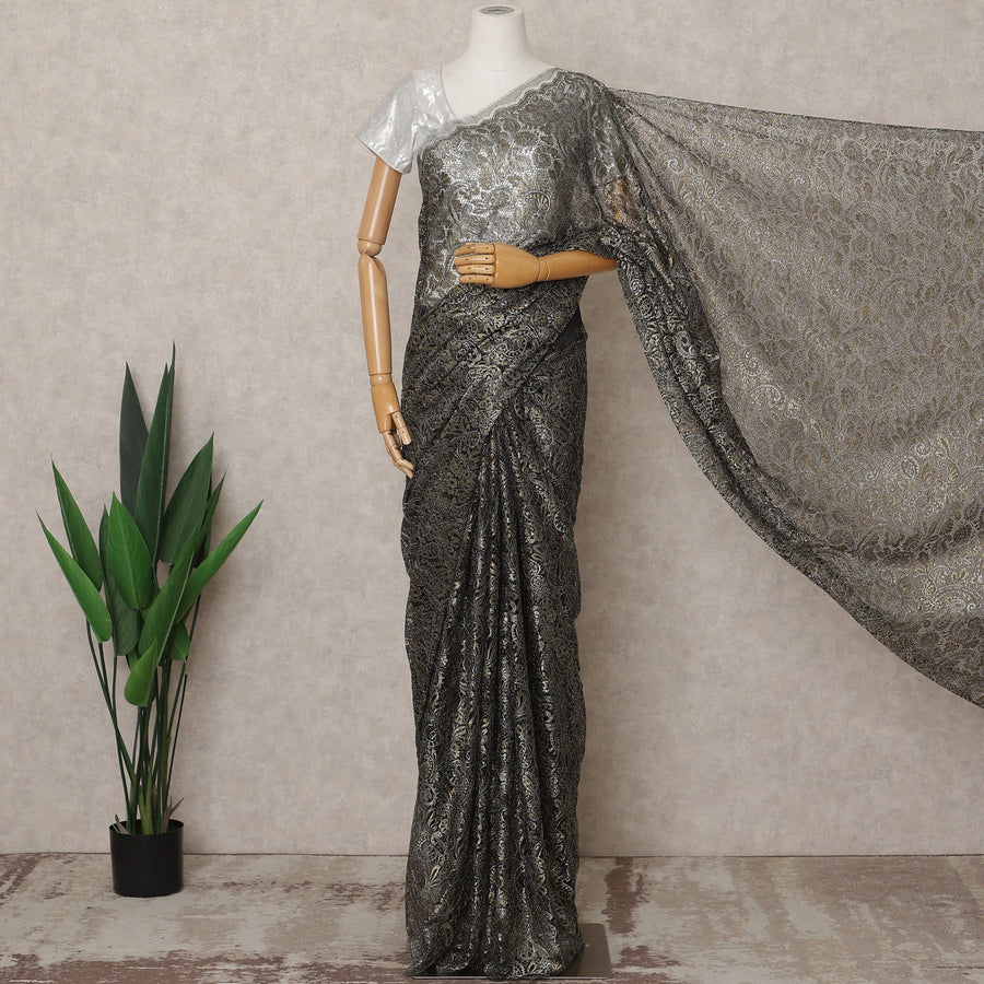 Black Premium French Metallic Chantilly Lace Saree Fabric – 5.5 Meters Length, 110 Cms Width, Imported from France-D25719