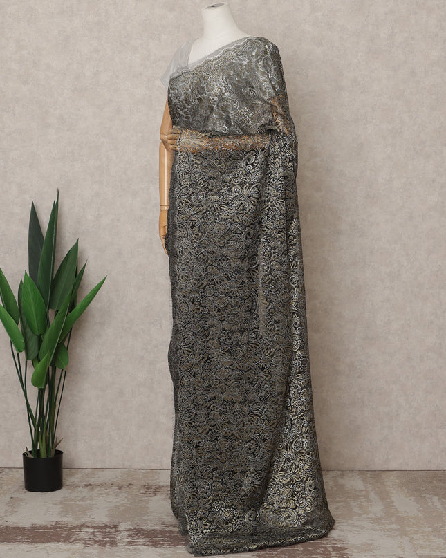 Black Premium French Metallic Chantilly Lace Saree Fabric – 5.5 Meters Length, 110 Cms Width, Imported from France-D25719