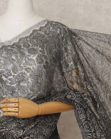 Black Premium French Metallic Chantilly Lace Saree Fabric – 5.5 Meters Length, 110 Cms Width, Imported from France-D25719