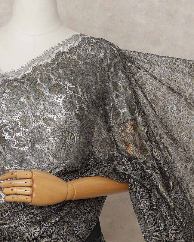 Black Premium French Metallic Chantilly Lace Saree Fabric – 5.5 Meters Length, 110 Cms Width, Imported from France-D25719