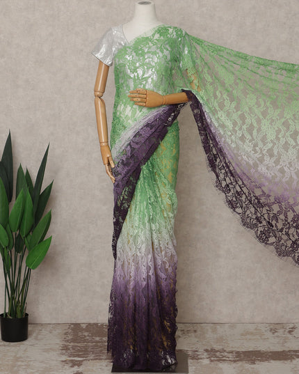 Mint Green and Purple Premium French Ombre Chantilly Lace Saree – 5.5 Meters Length, 110 Cms Width, Crafted in France-D26102