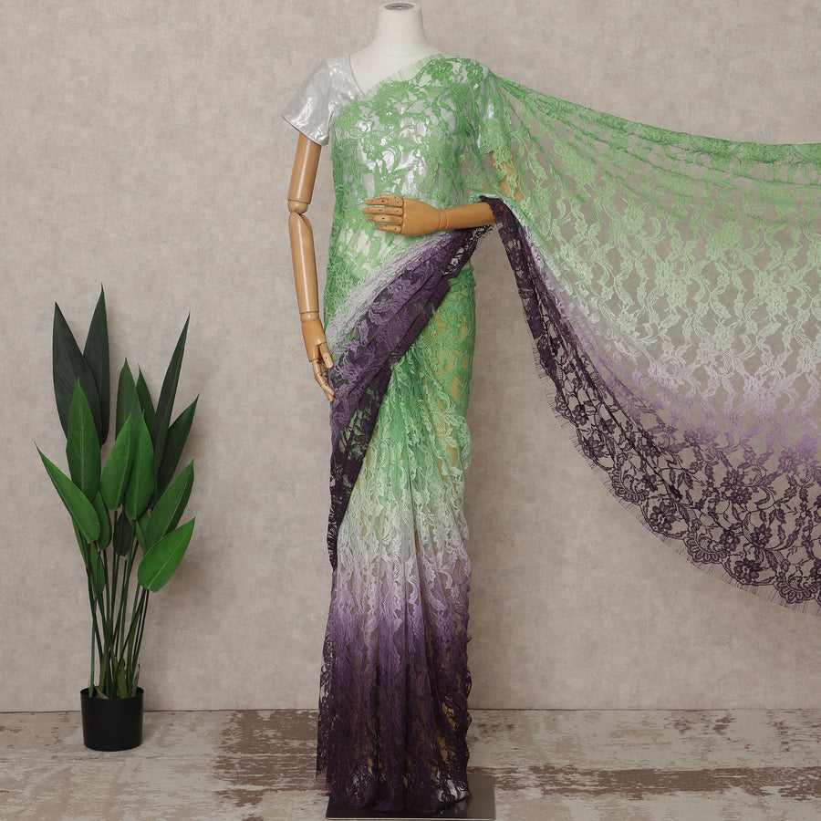 Mint Green and Purple Premium French Ombre Chantilly Lace Saree – 5.5 Meters Length, 110 Cms Width, Crafted in France-D26102