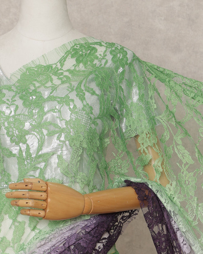 Mint Green and Purple Premium French Ombre Chantilly Lace Saree – 5.5 Meters Length, 110 Cms Width, Crafted in France-D26102
