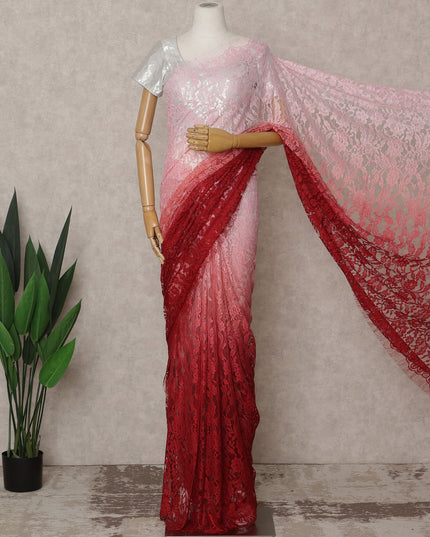 Blush Pink and Red Premium French Ombre Chantilly Lace Saree – 5.5 Meters Length, 110 Cms Width, Crafted in France-D26097