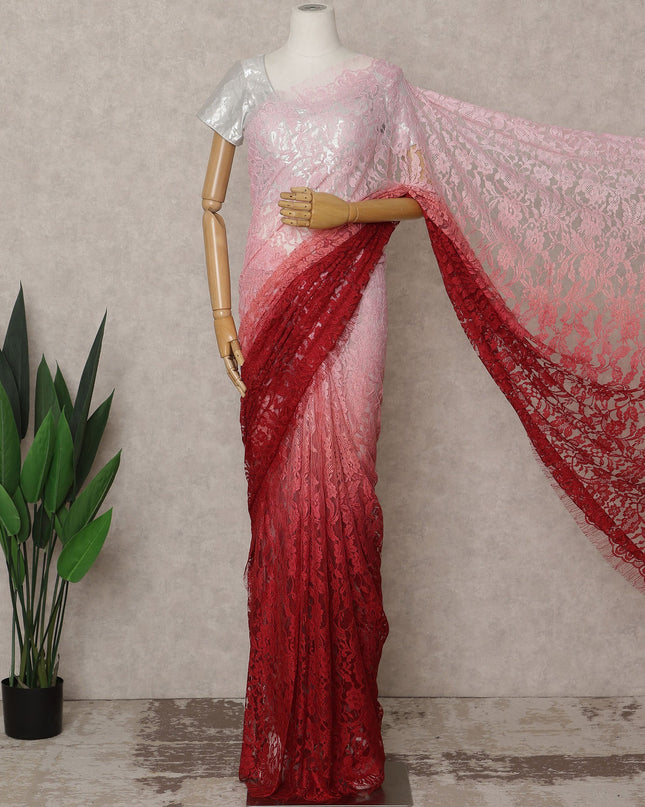 Blush Pink and Red Premium French Ombre Chantilly Lace Saree – 5.5 Meters Length, 110 Cms Width, Crafted in France-D26097