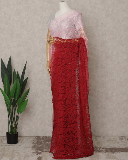 Blush Pink and Red Premium French Ombre Chantilly Lace Saree – 5.5 Meters Length, 110 Cms Width, Crafted in France-D26097