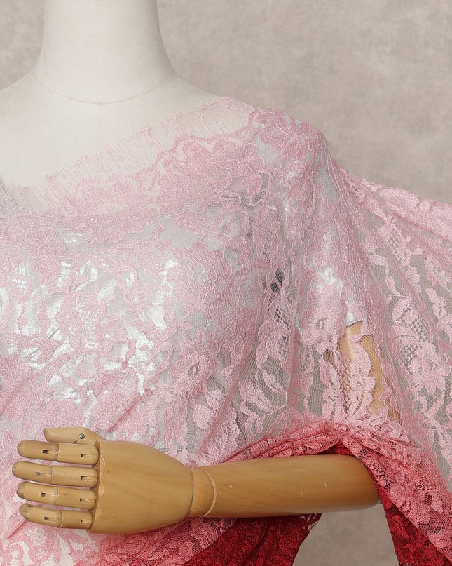 Blush Pink and Red Premium French Ombre Chantilly Lace Saree – 5.5 Meters Length, 110 Cms Width, Crafted in France-D26097