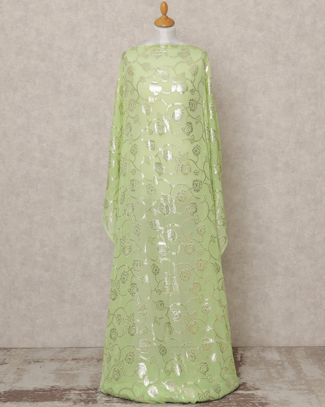 قماش ديراك شيفون حريري صومالي أخضر فستقي مع لوركس فضي معدني - 3.5 متر، عرض 140 سم، صنع في كوريا الجنوبية - D24538