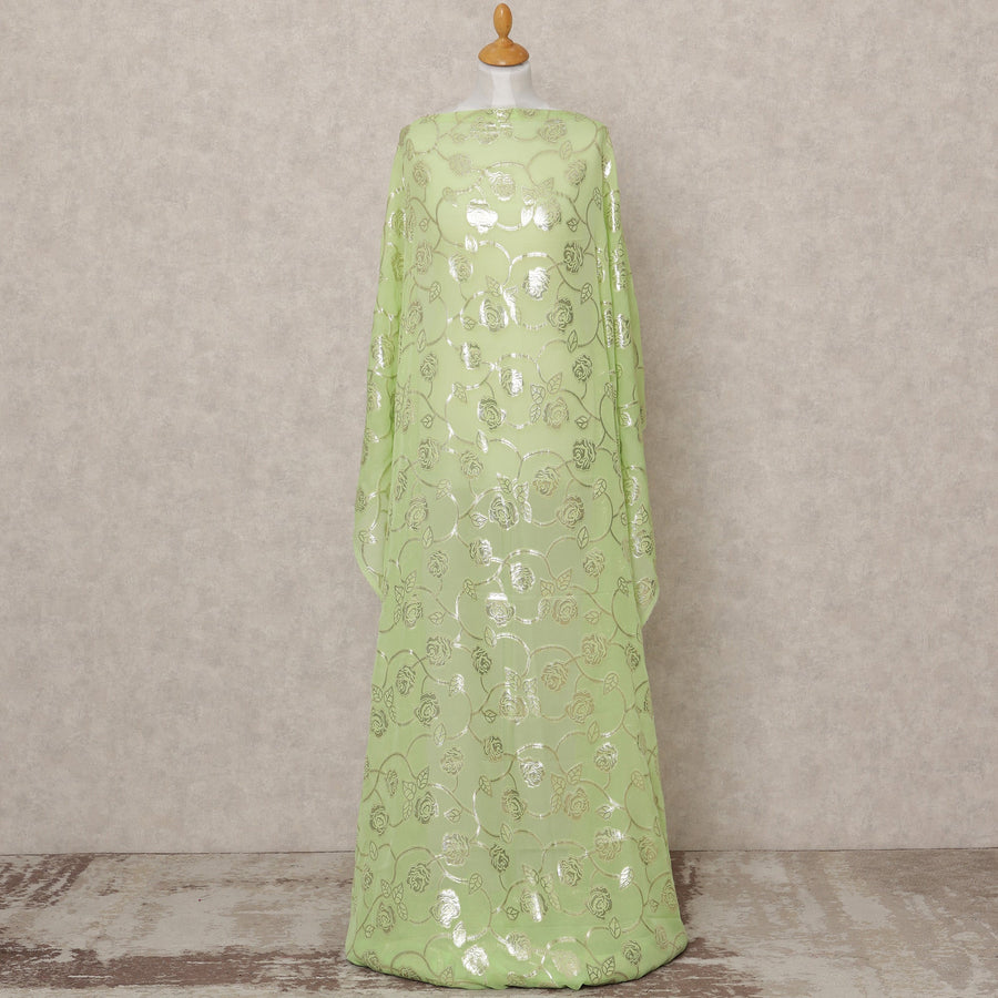 قماش ديراك شيفون حريري صومالي أخضر فستقي مع لوركس فضي معدني - 3.5 متر، عرض 140 سم، صنع في كوريا الجنوبية - D24538